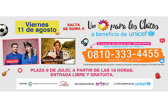 A beneficio de Unicef se realizará Un Sol para los Chicos en Salta