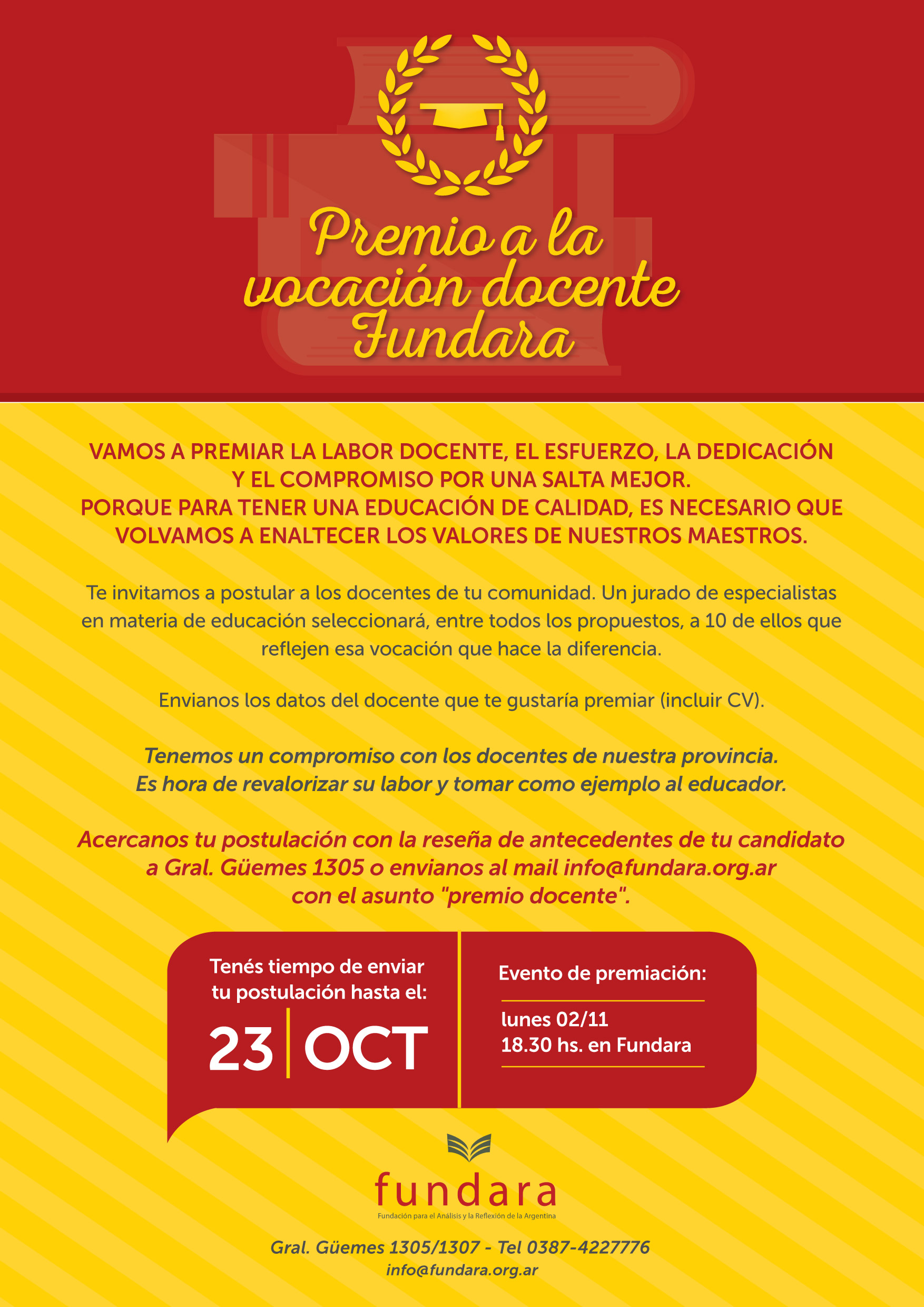 Fundara premiará la labor y trayectoria de los docentes salteños‏