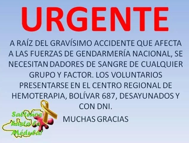 Piden dadores de sangre para los gendarmes heridos