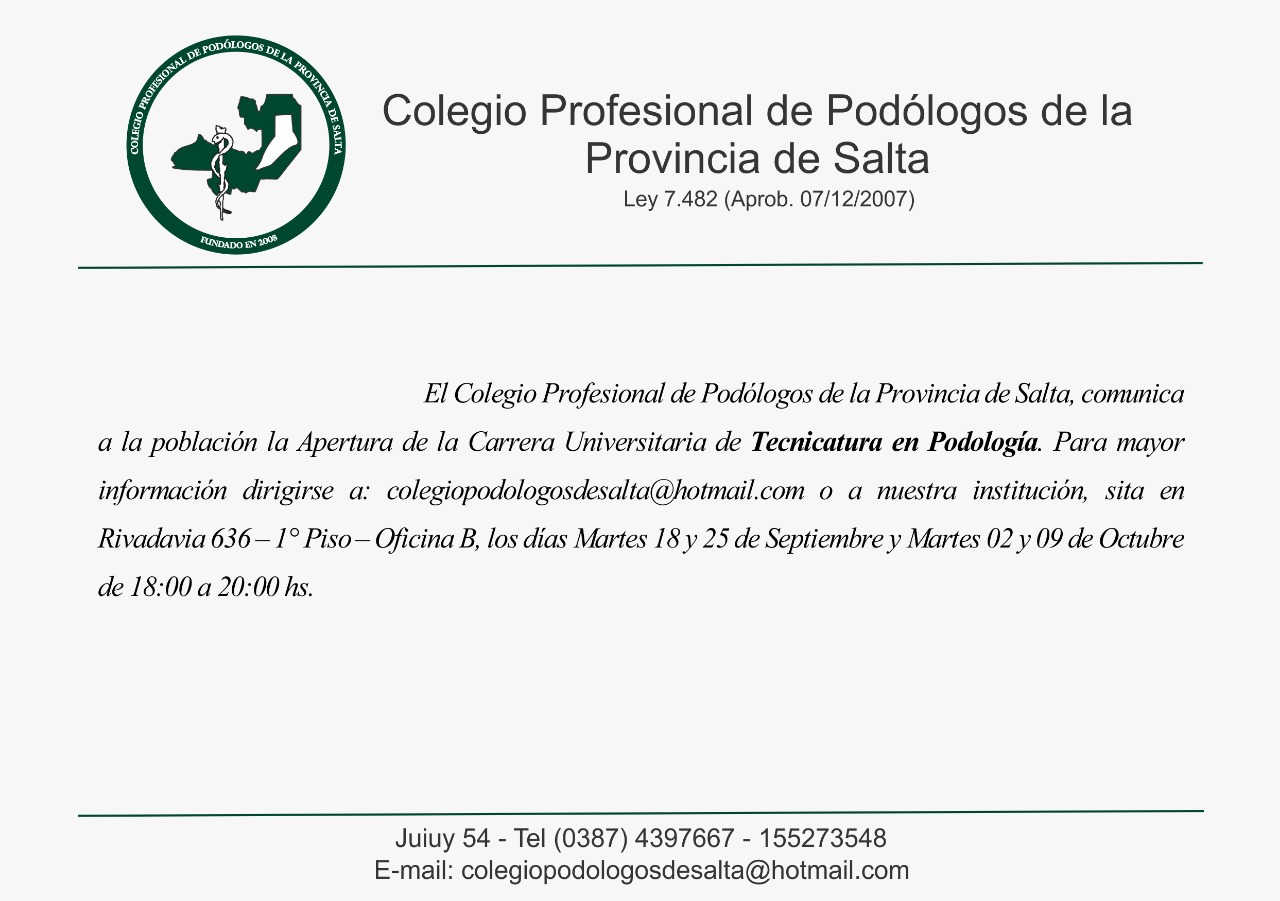 Convocan a aspirantes para la apertura de la Carrera Universitaria de Tecnicatura en Podología