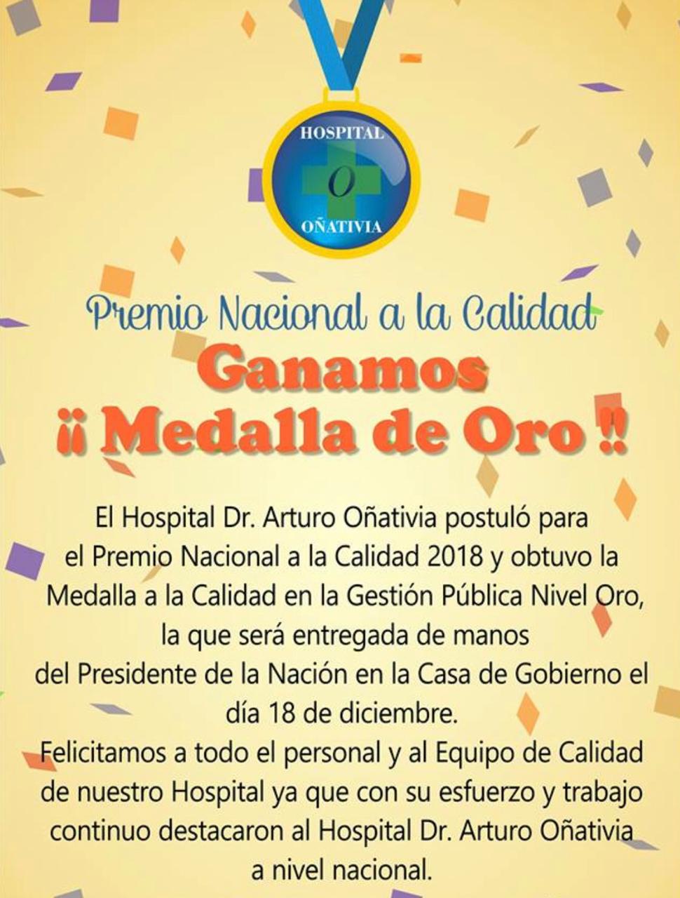 El hospital Oñativia  obtuvo la medalla de Oro por la Calidad en la Gestión Pública