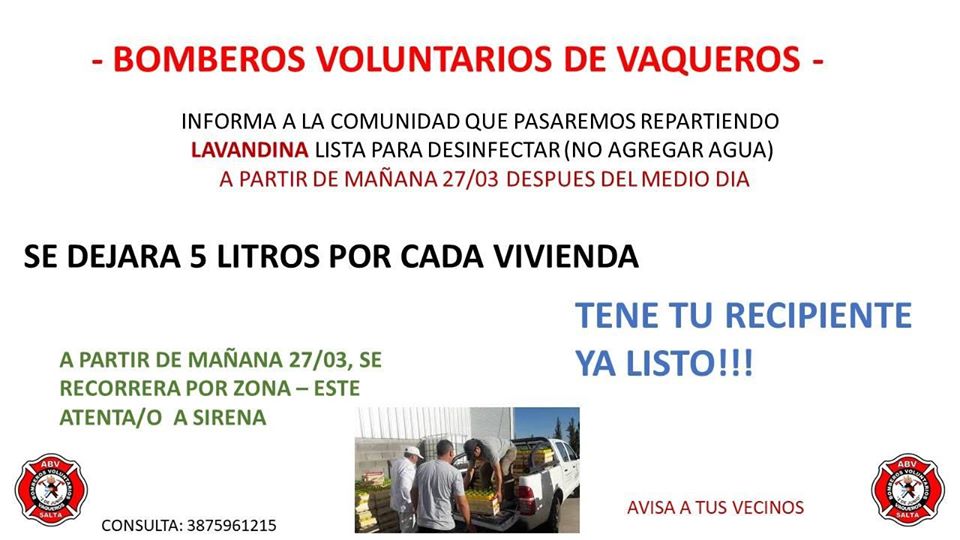 Bomberos Voluntarios de Vaqueros repartirán lavandina