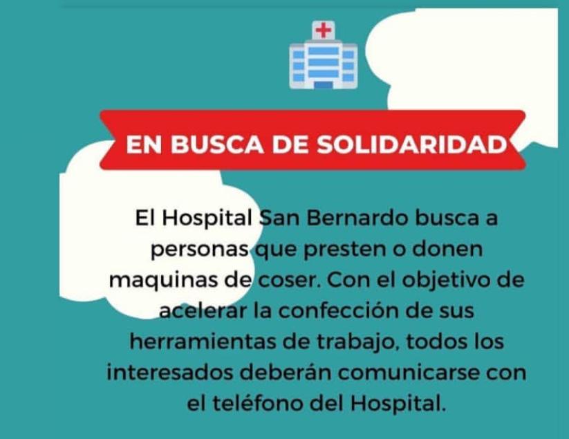 El Hospital San Bernardo pide la colaboración de máquinas de coser para confeccionar barbijos